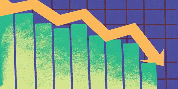 Green bars showing downward trend with falling Orange arrow on minimalist backdrop