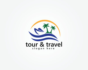 creative tour and travel logo water waves and palm trees with speedboat abstract logo design template