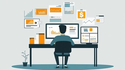 Digital marketing professional analyzing data and creating strategies to enhance business growth using computer workstation