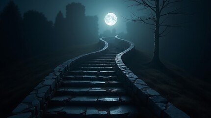Winding stone staircase bathed in moonlight leading through a misty landscape