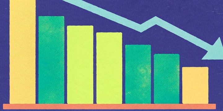 Declining green and yellow bar chart with sharp downward blue arrow on clean blue background