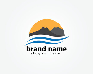creative tour and travel logo mountain and two waves of water below, logo design inspiration