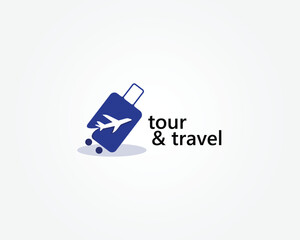 creative tour and travel logo suitcase with airplane shadow logo design template