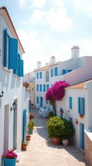Mediterranean Alley with Blue Shutters and Flowers