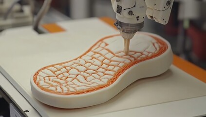 Robotic arm precisely printing a shoe sole,  using a 3D printer.  The sole is a light beige/white material with orange/red details, likely a customized design