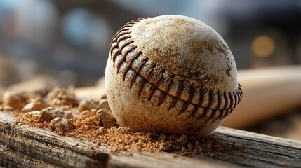 A worn leather baseball glove holds a dirty, used ball with red stitches, ready for play in the old ball game