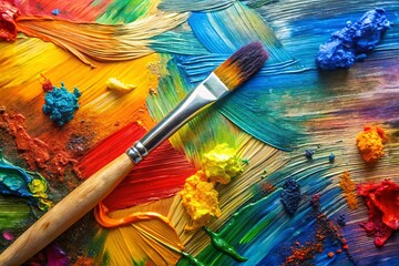 Obraz premium Paintbrush is on a table with a colorful painting. graphic, vector, illustration, art, icon, design, clipart, sketch, watercolor, mockup, cartoon, abstract, digital, background, stock, images, photo