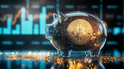 Transparent piggy bank holding bitcoin coin on digital financial graph background representing crypto investment and blockchain economy

