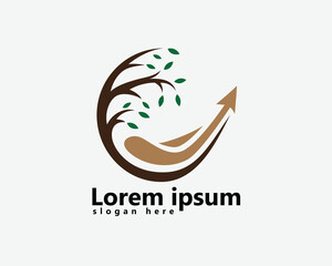 reforestation, go green, logo, bare hills with arrows in circular trees logo design template