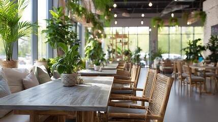 Fototapeta premium Bright Modern Restaurant Interior with Lush Greenery and Wooden Tables