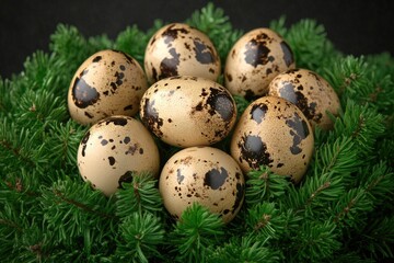 Obraz premium Quail eggs nestled in a bed of pine needles. Several speckled quail eggs are arranged in a cluster atop a bed of fresh evergreen sprigs. The eggs are various shades of beige with dark brown spots