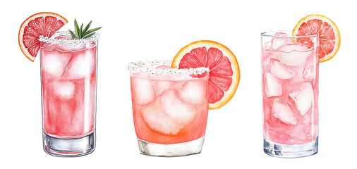 Three Paloma cocktails with ice and grapefruit slices in highball and rocks glasses. Watercolor illustration of tequila-based pink drinks with salt rim and rosemary garnish on transparent background. 