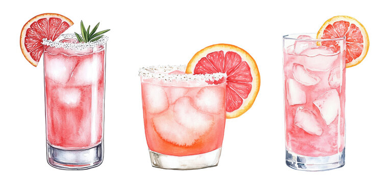 Three Paloma cocktails with ice and grapefruit slices in highball and rocks glasses. Watercolor illustration of tequila-based pink drinks with salt rim and rosemary garnish on transparent background. 