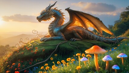 Dragon lying on hill with flowers and mushrooms at sunset
