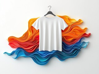 Elegant plain white t-shirt displayed with vibrant paper art design