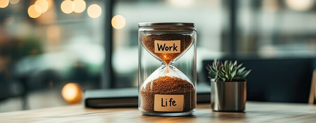 Achieving work-life balance and labor rights for a better future, supporting work-life balance and labor rights for a healthy workforce Hourglass symbolizing work-life balance.
