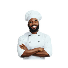 Confident Black Male Chef in White Uniform with Arms Crossed