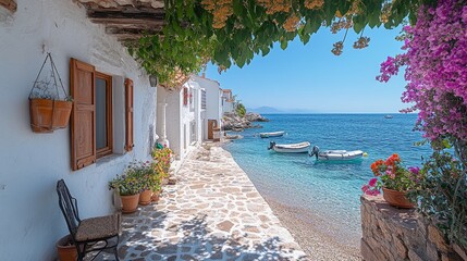 Fototapeta premium Coastal walkway with whitewashed houses. Lush plants and flowers embellish the scene, with boats on the water