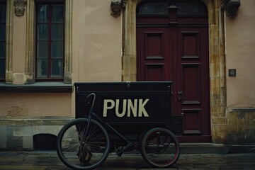 Fototapeta premium Vintage black delivery cart parked in front of a pastel-colored building with a dark wooden door. The cart has the word PUNK in white letters