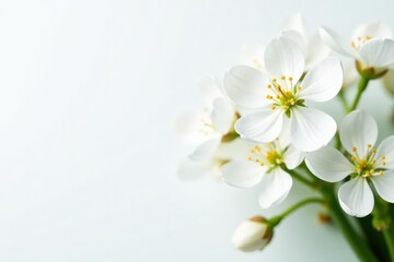 Delicate white flower blossoms against pure white backdrop, aesthetic, simple, white background