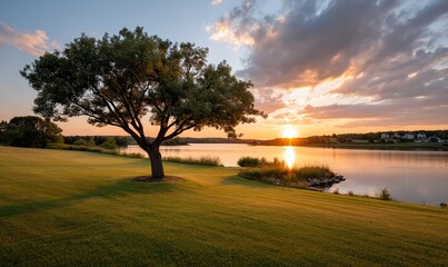 Naklejka premium Golden Sunset Silhouettes a Lakeside Tree