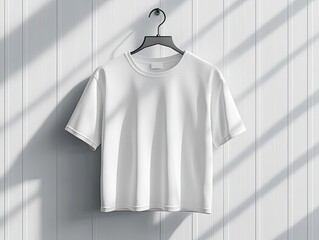 Front-Facing White T-Shirt Mock-Up on Metallic Hanger for Presentations