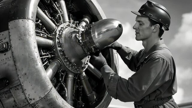 Vintage Aircraft Mechanic Inspecting Radial Engine - Detailed Inspection of Classic Airplane Motor, Engineering Expertise