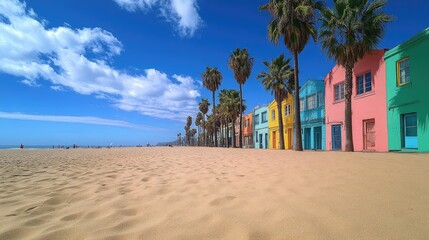 Fototapeta premium Colorful beach houses line a sandy shore. Palm trees stand guard