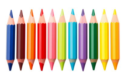 A colorful assortment of sharpened pencils arranged in a row against a studio shot transparent background png