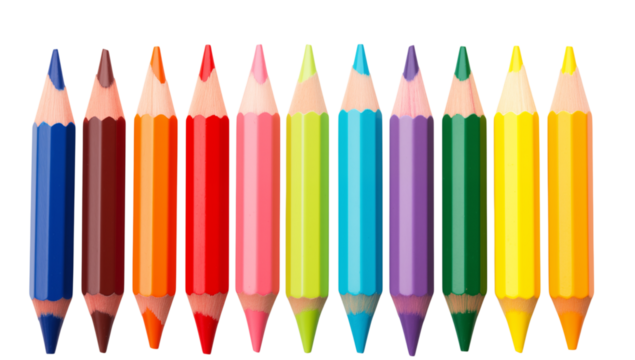 A colorful assortment of sharpened pencils arranged in a row against a studio shot transparent background png
