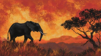Fototapeta premium A stunning illustration capturing the majestic silhouette of an African elephant against a vibrant sunset, highlighting its grandeur and the warm hues of the evening sky.