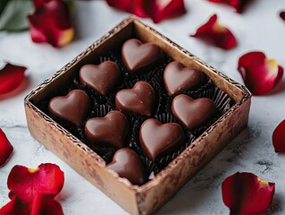 Heart-Shaped Chocolates in Decorative Box with Rose Petals Displaying Love and Romance Symbolizing Sweet Affection and Valentine's Day Treat