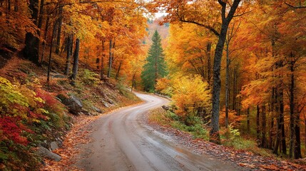 Obraz premium Winding Road Through Autumn Forest Surrounded by Colorful Trees