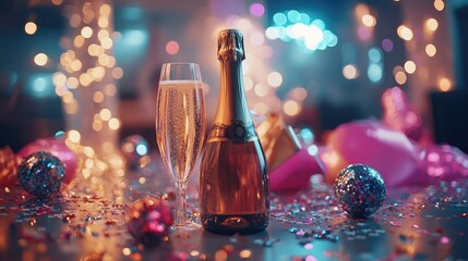 Festive New Year's Eve Still Life with Champagne and Decorations