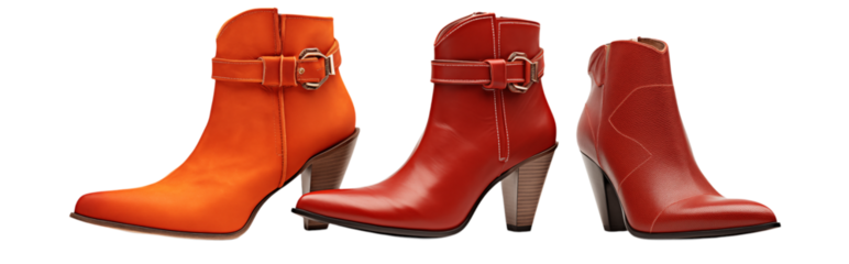 A display of three stylish ankle boots in vibrant orange and red colors with high heels and buckles transparent background png