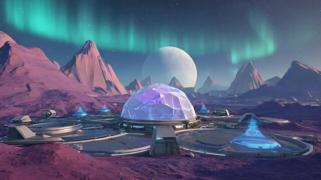 Discover an alien landscape on a distant planet, depicting a futuristic habitat and advanced technology in an unknown corner of outer space, designed for space exploration enthusiasts