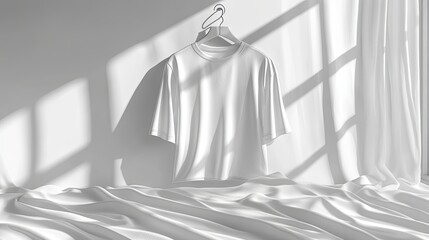 Minimalist presentation of a white t-shirt hanging with light and shadows showcasing clean and elegant design on a white background