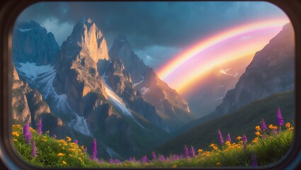 Mountain range with rainbow and meadow flowers landscape view