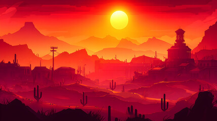 Fototapeta premium Dramatic red sunset cityscape illustration