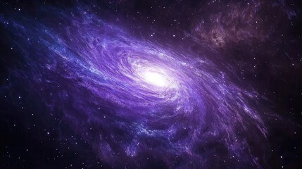 Spiral galaxy in deep space, vibrant purple hues.  Vast cosmic swirls of nebulae, with scattered stars