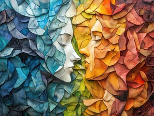 Intricate Paper Mosaic Artwork Showcasing Emotional Duality and Connection Between Humans Depicting Complex Relationship Dynamics and Inner Conflicts