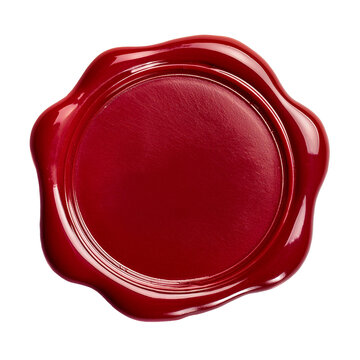 Close-up of a classic red wax seal isolated on a white background, symbolizing authenticity, certification, luxury branding and official correspondence.