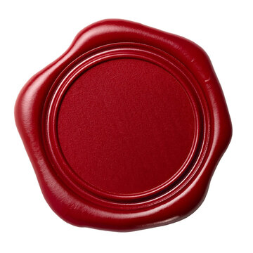 Close-up of a classic red wax seal isolated on a white background, symbolizing authenticity, certification, luxury branding and official correspondence.
