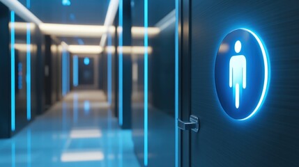 Futuristic restroom sign in modern hallway