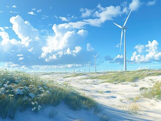 Idyllic Wind Farm Landscape Showcasing Renewable Energy and Clean Environment Under a Beautiful Blue Sky