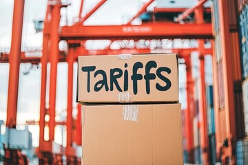 Cardboard boxes stacked high, marked with the word tariffs, in front of port cranes