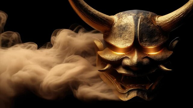 Smoke billows behind static oni mask