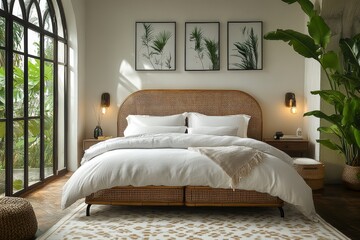 Minimalist metal-frame bed with natural rattan headboard and footboard, white and beige bedding, and storage boxes in airy bedroom