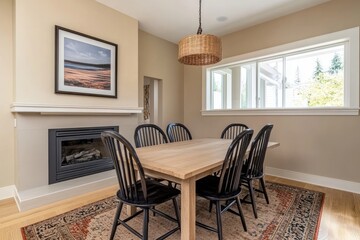 Fototapeta premium Light-filled dining room with a wood table, black chairs, and a woven pendant light. Beige walls, a fireplace, and a large framed art piece. Warm and inviting space