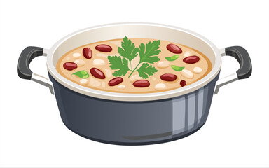 Boiled bean soup in pan bowl - vector illustration